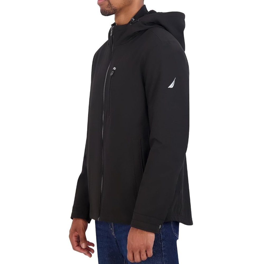Nautica NWT $175 Men's Hooded WR Transitional Jacket Faux Shearling Lining Black